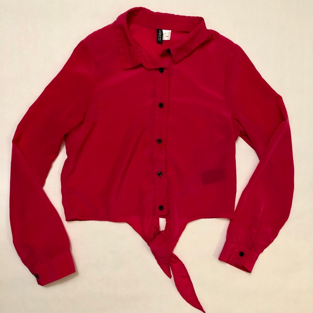 H&M pink satin button up belly tie top